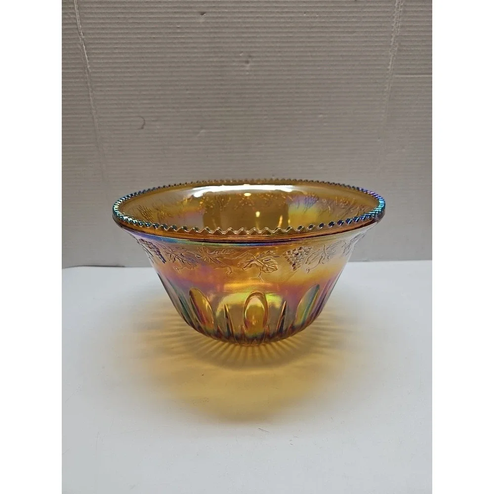 Indiana Carnival Glass Iridescent Amber Gold Grape Harvest 7QT Punch Bowl Vtg